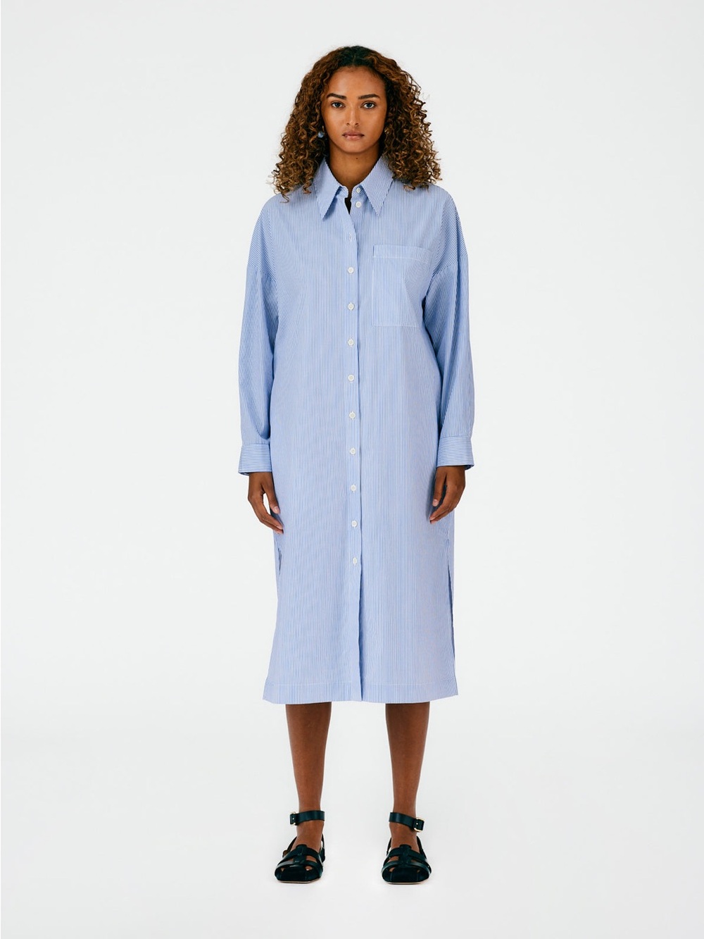 TIBI Striped Shirting Shirtdress Midi Dress Blue White Cotton Poplin Size XS